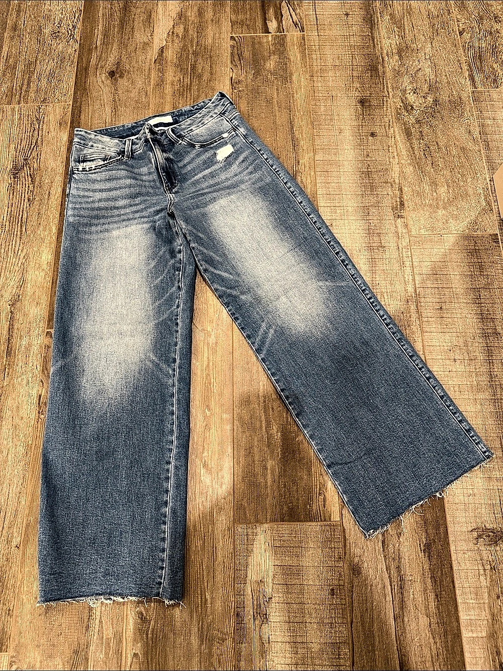 Vervet Mid Rise Clean Cut Raw Hem Wide Leg Jeans Blue Waist 30